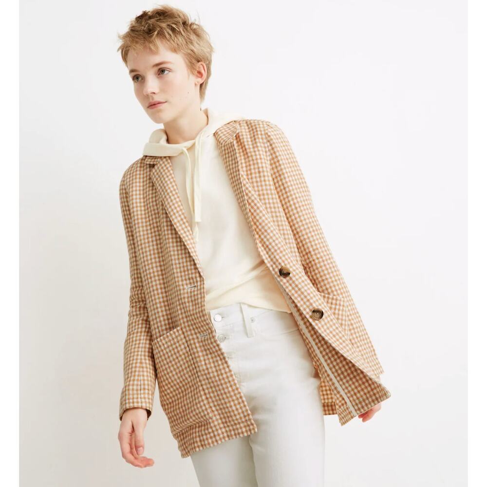 Madewell Linen Dorset Blazer in Gingham Check Sz S melange check earthen sand